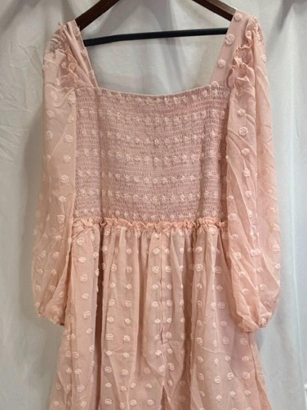 NWT BTFBM Light Pink Swiss Dot Square Neck Smocked Mini Dress - 2XL